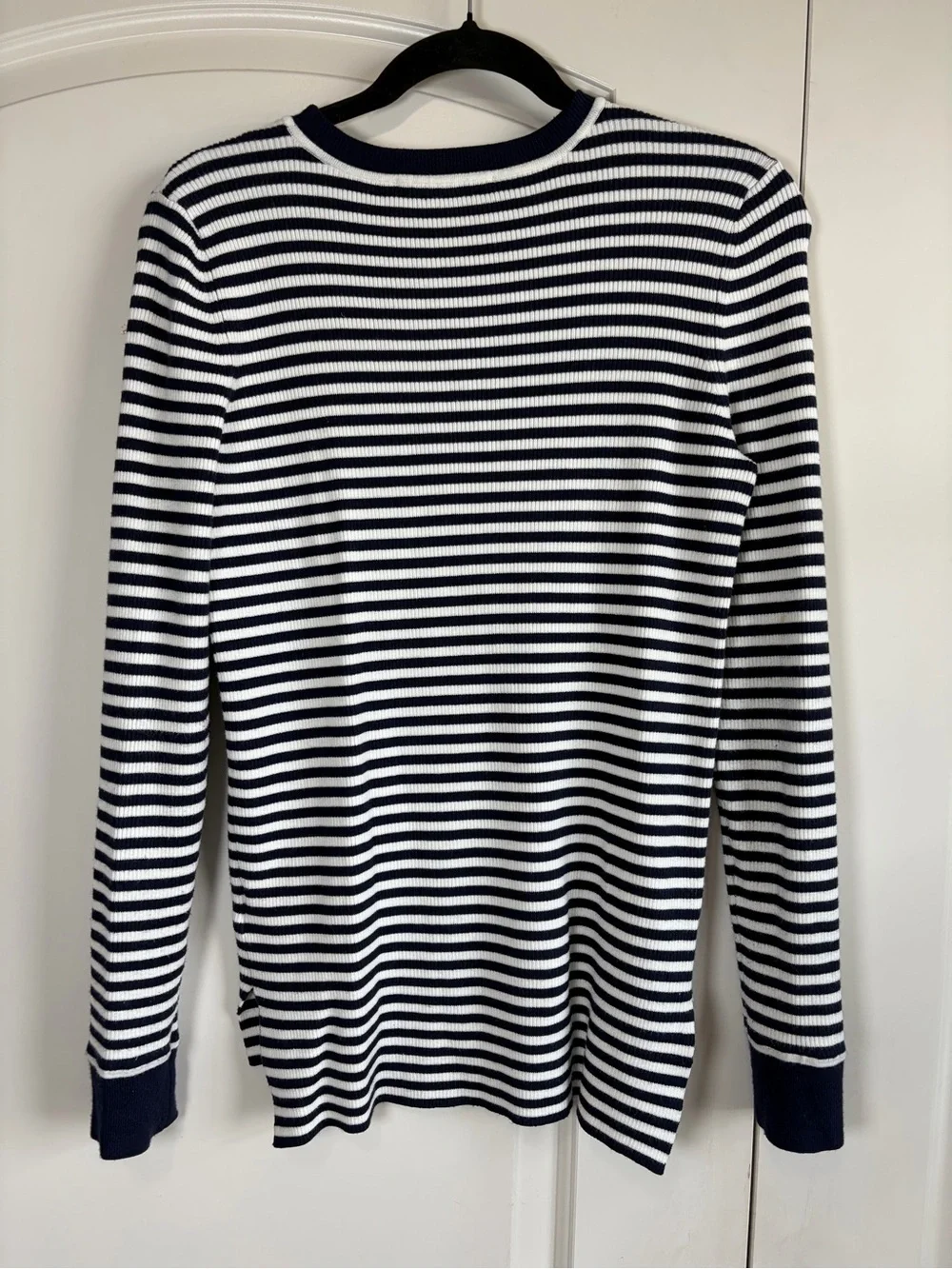 Michael Kors Ribbed Navy and White Striped Crewneck Sweater